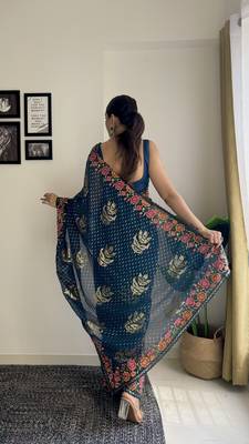 teal thread sequince embroidery work georgette saree with blouse piece 2