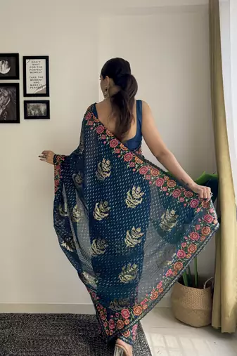 teal thread sequince embroidery work georgette saree with blouse piece