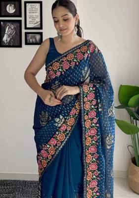 teal thread sequince embroidery work georgette saree with blouse piece 3