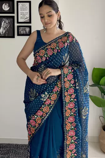 teal thread sequince embroidery work georgette saree with blouse piece