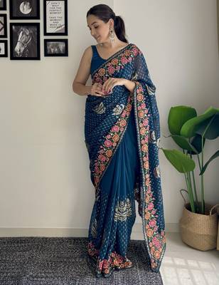 teal thread sequince embroidery work georgette saree with blouse piece 4