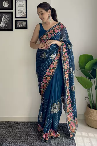 teal thread sequince embroidery work georgette saree with blouse piece