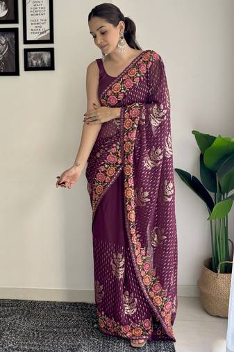 wine thread sequince embroidery work georgette saree with blouse piece