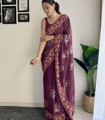 wine thread sequince embroidery work georgette saree with blouse piece