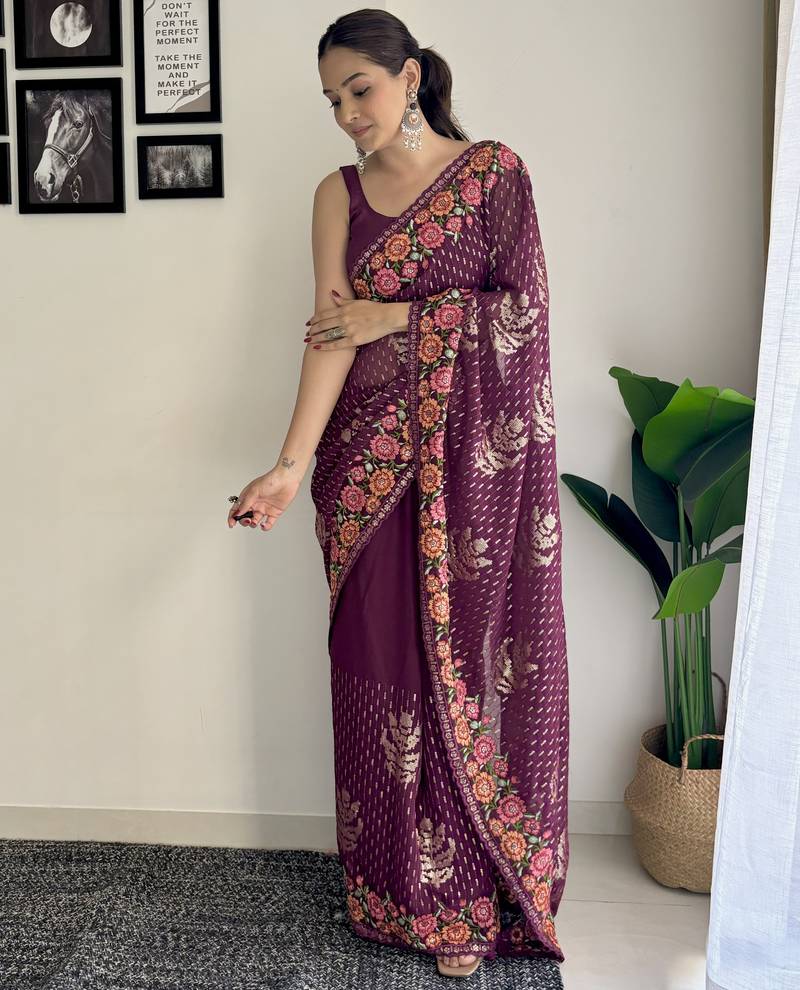 wine thread sequince embroidery work georgette saree with blouse piece