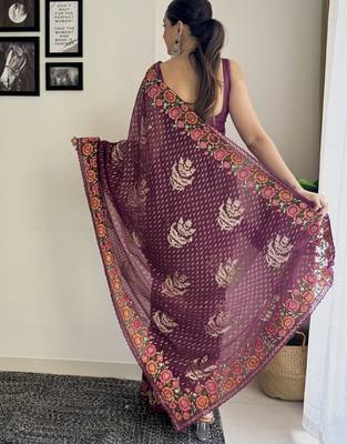 wine thread sequince embroidery work georgette saree with blouse piece 2