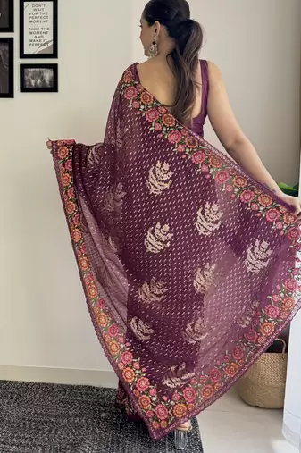 wine thread sequince embroidery work georgette saree with blouse piece
