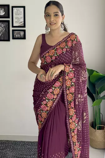 wine thread sequince embroidery work georgette saree with blouse piece