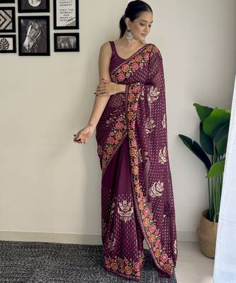 wine thread sequince embroidery work georgette saree with blouse piece 4