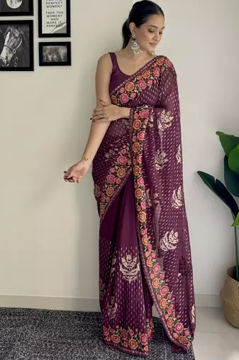 wine thread sequince embroidery work georgette saree with blouse piece