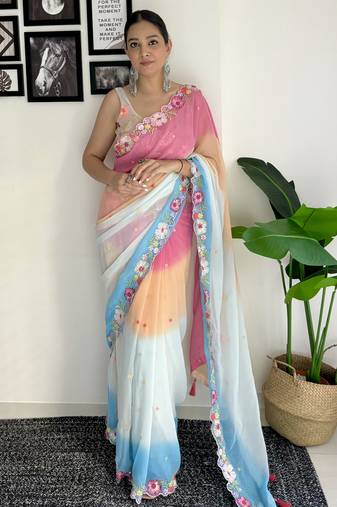 multicolor multi weaving Sequins with embroidery faux georgette saree with blouse piece
