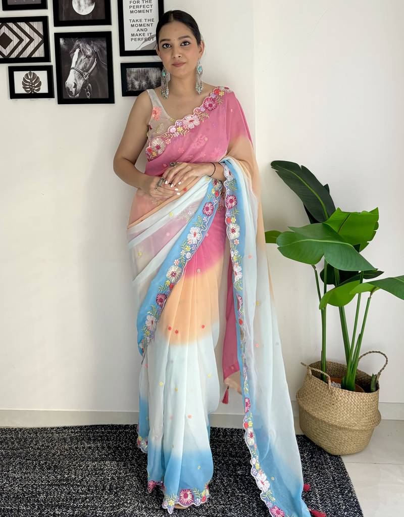 multicolor multi weaving Sequins with embroidery faux georgette saree with blouse piece