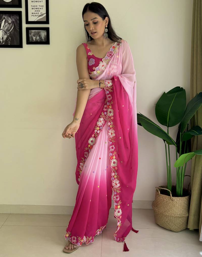 pink multi weaving Sequins with embroidery faux georgette saree with blouse piece