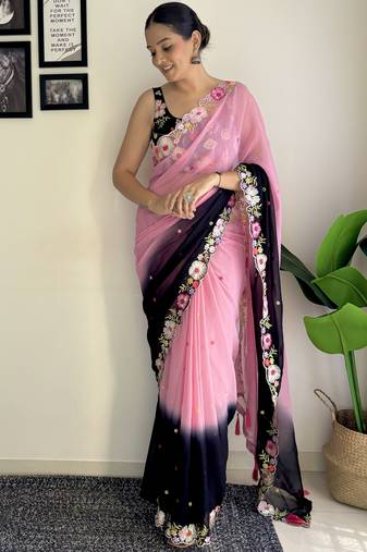 pink multi weaving Sequins with embroidery faux georgette saree with blouse piece
