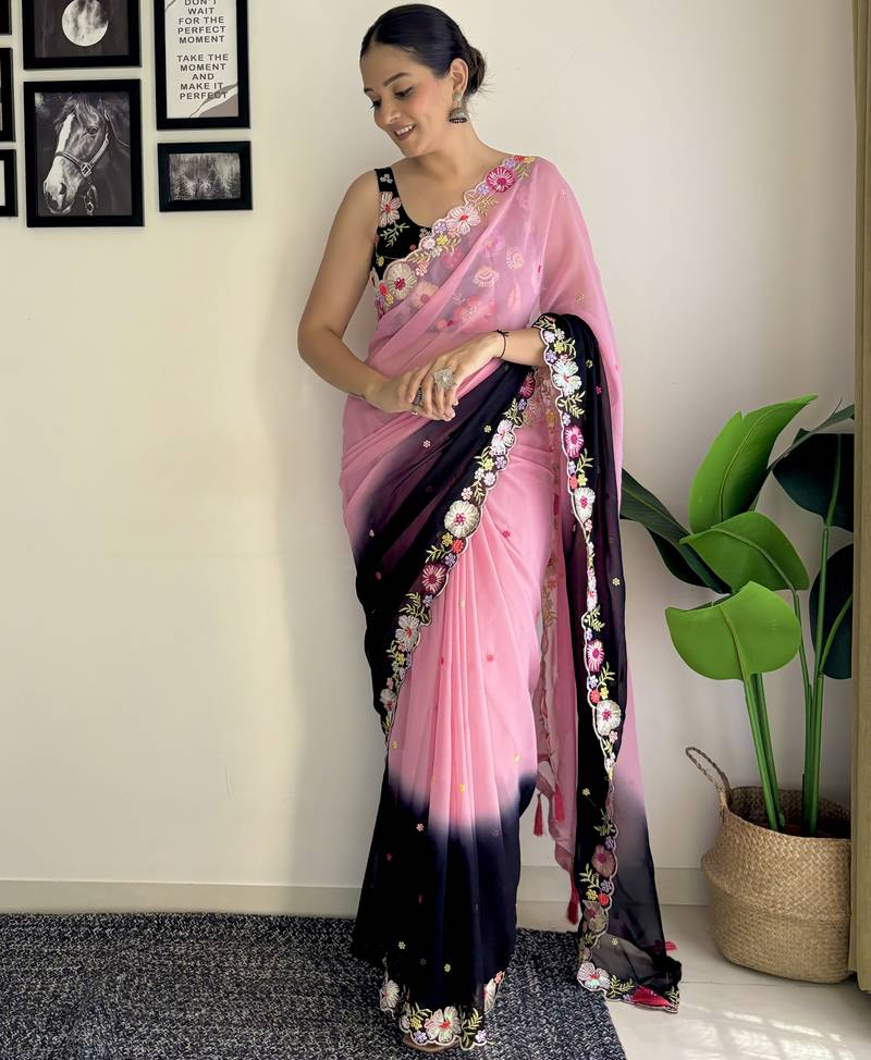pink multi weaving Sequins with embroidery faux georgette saree with blouse piece