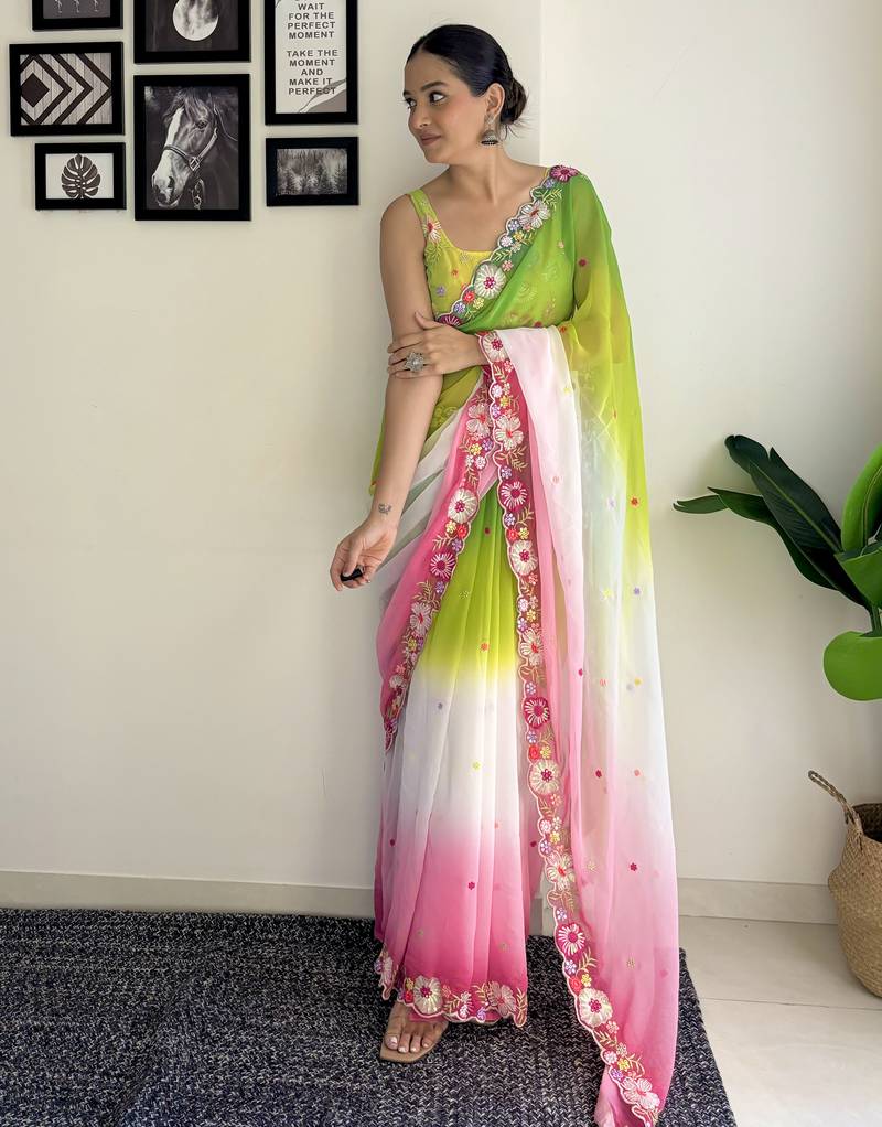 multicolor multi weaving Sequins with embroidery faux georgette saree with blouse piece