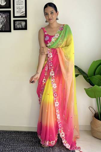 multicolor multi weaving Sequins with embroidery faux georgette saree with blouse piece