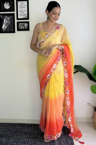 multicolor multi weaving Sequins with embroidery faux georgette saree with blouse piece