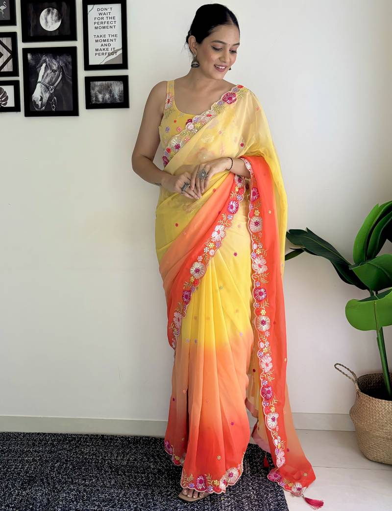 multicolor multi weaving Sequins with embroidery faux georgette saree with blouse piece