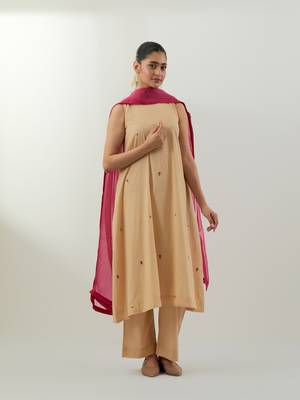 Beige plain cotton kurta set 1