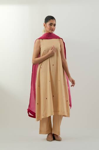 Beige plain cotton kurta set