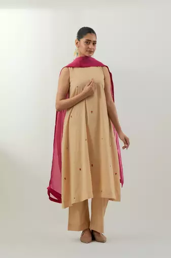 Beige plain cotton kurta set