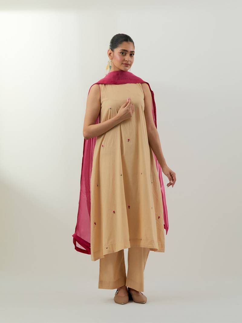 Beige plain cotton kurta set