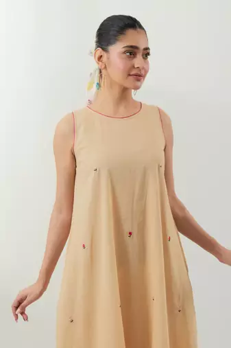 Beige plain cotton kurta set