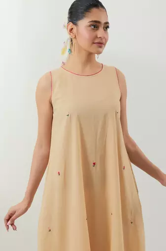 Beige plain cotton kurta set