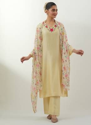 Cream embroidered chanderi kurta set 1