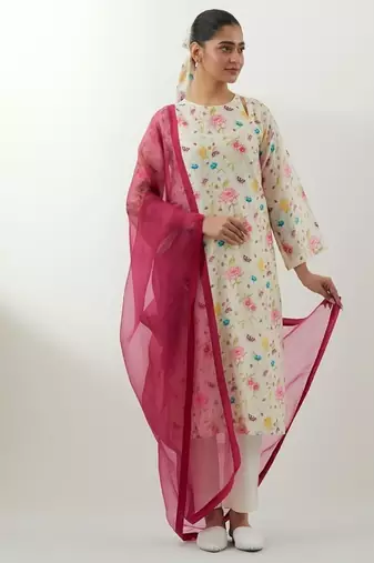 Ivory printed chanderi kurta set