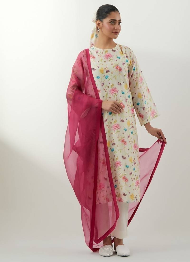Ivory printed chanderi kurta set