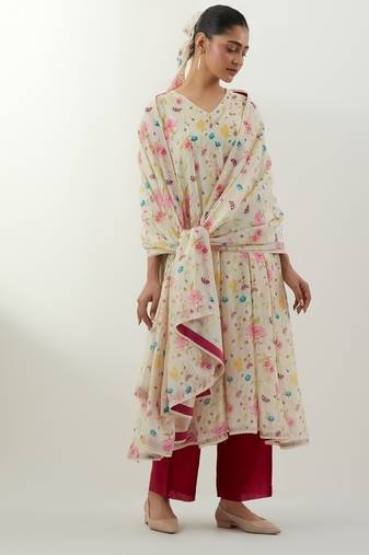 Ivory printed chanderi kurta set