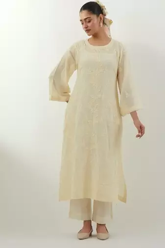 Cream embroidered cotton kurta set