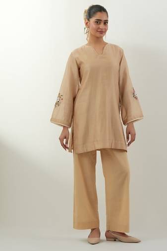Beige plain chanderi kurta set