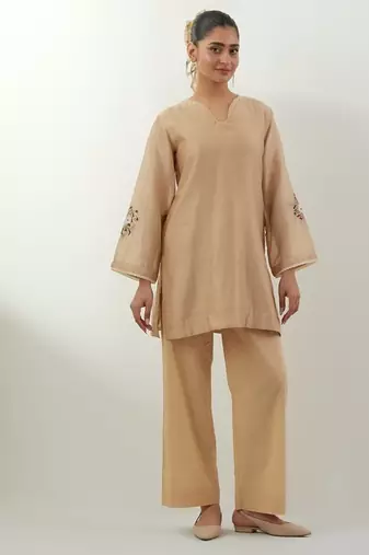 Beige plain chanderi kurta set