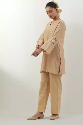 Beige plain chanderi kurta set