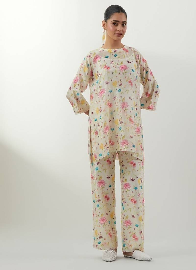 Ivory printed chanderi kurta set