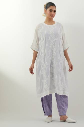 White embroidered cotton kurta set