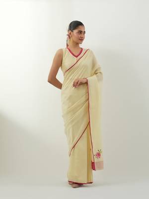 Cream plain chanderi saree 1