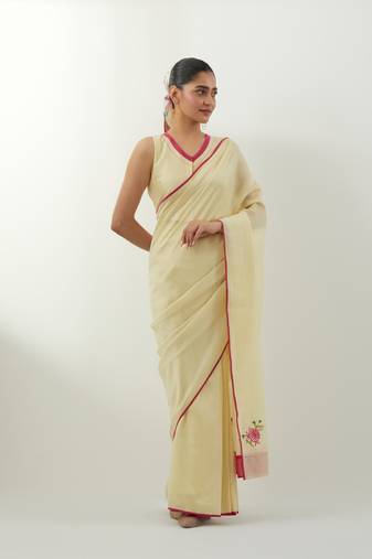 Cream plain chanderi saree