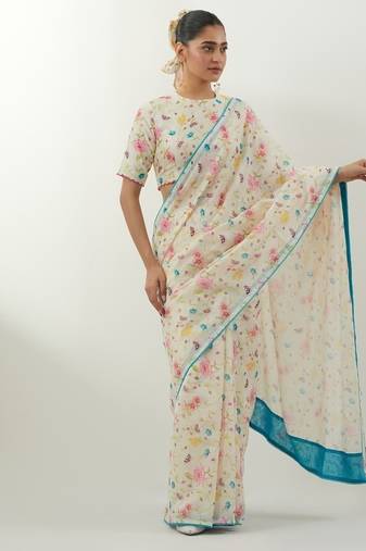Ivory printed chanderi saree