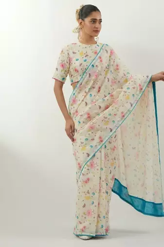 Ivory printed chanderi saree