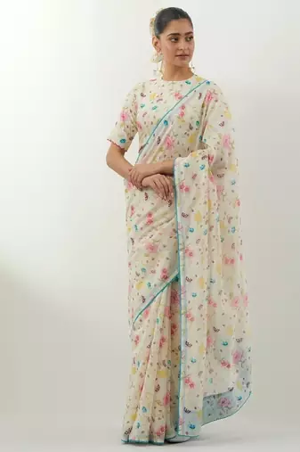 Ivory printed chanderi saree