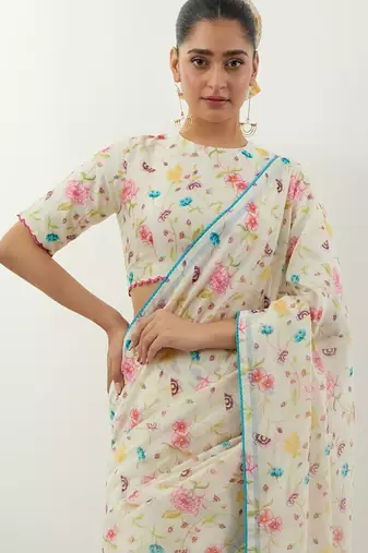 Ivory printed chanderi saree