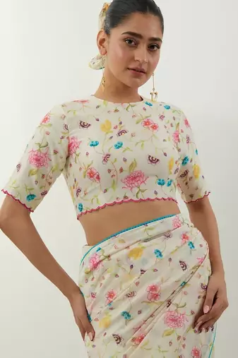 Ivory printed chanderi saree