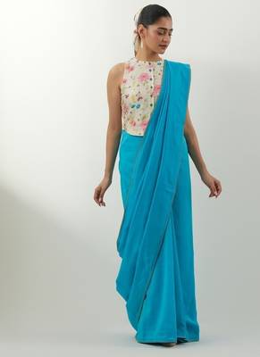 Aqua blue plain chanderi saree 1