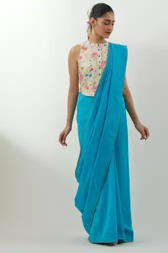 Aqua blue plain chanderi saree
