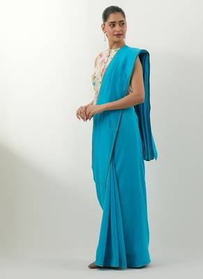 Aqua blue plain chanderi saree 2