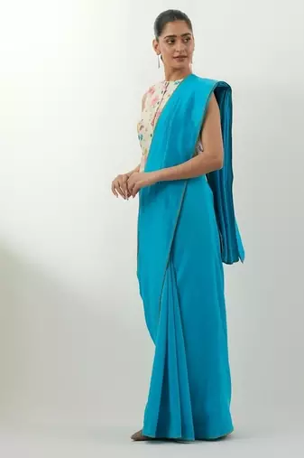 Aqua blue plain chanderi saree